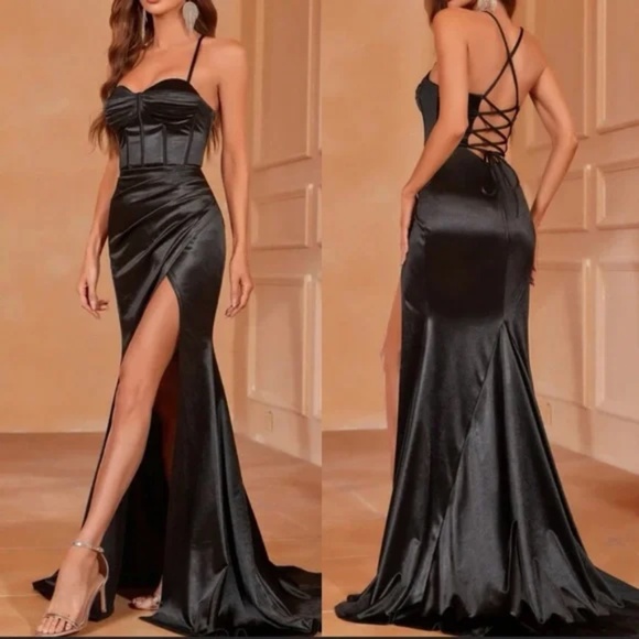 Luxe Emerald Green Satin Corset Lace up Ruched Formal Party Wedding Dress - Picture 10 of 15